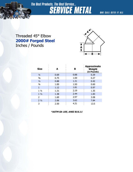 2000# Forged Steel Threaded 45 Degree Elbow Data Sheet