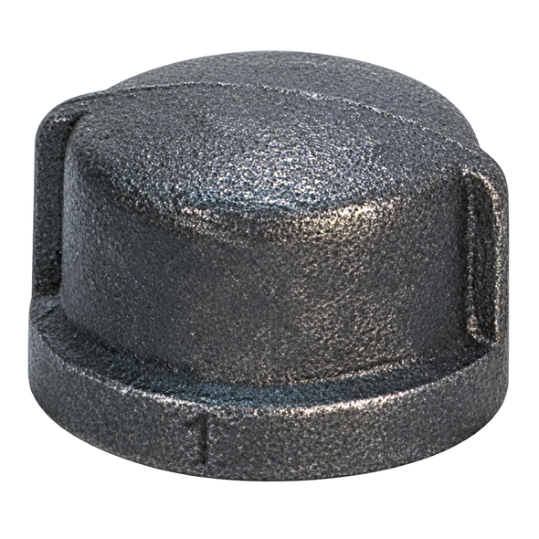 Black malleable iron threaded pipe cap, Figure 3124, Class 150 with female npt connection