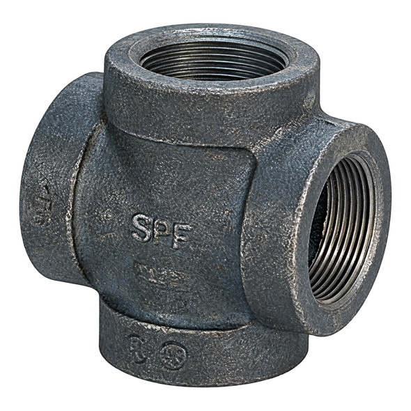 Black malleable iron threaded cross, Figure 3107, Class 150 with female npt threads