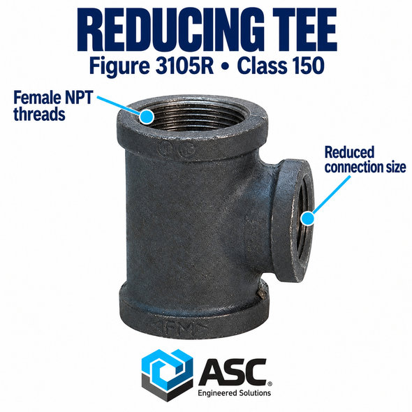 Black malleable iron reducing tee, Figure 3105R, Class 150 showing female npt threads and reduced connection size