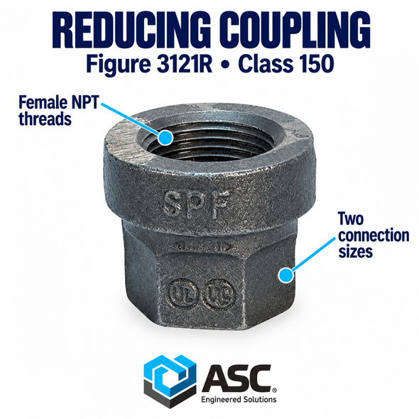 Black malleable iron reducing coupling, Figure 3121R, Class 150 showing female npt threads and two connection sizes