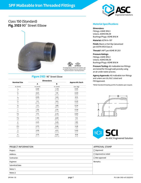 Fig 103 90 Street Elbow Cut Sheet