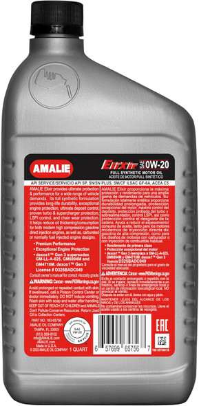 AMALIE Elixir 0W-20 dexos1 Full Synthetic Motor Oil (160-65756-56) 1 Quart Bottle, Pack of 12