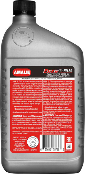 AMALIE Elixir Full Synthetic 15W-50 (160-75736-56) 1 Quart Bottle, Pack of 12