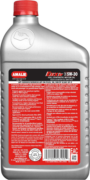 AMALIE Elixir Full Synthetic 5W-30 DEXOS1 (160-75766-56) 1 Quart Bottle, Pack of 12