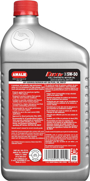 Amalie Elixir Full Synthetic 5W-50 Motor Oil (160-75716-56) 1 Quart Bottle, Pack of 12