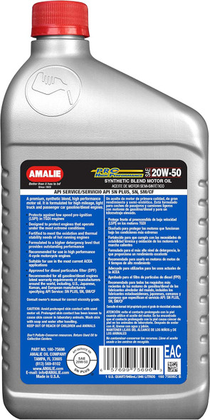 AMALIE Pro High Performance Synthetic Blend 20W-50 (160-75696-56) 1 Quart Bottle, Pack of 12