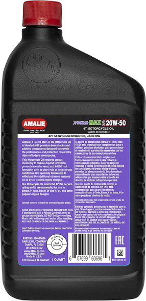 AMALIE 4T X-Treme Max 20W-50 Motorcycle Oil (160-60696-56) 1 Quart Bottle, Pack of 12