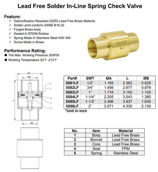 Lead Free Solder In-Line Spring Check Valve Data Sheet