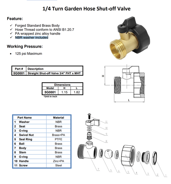 1/4 Turn Garden Hose Shut-off Valve Data Sheet