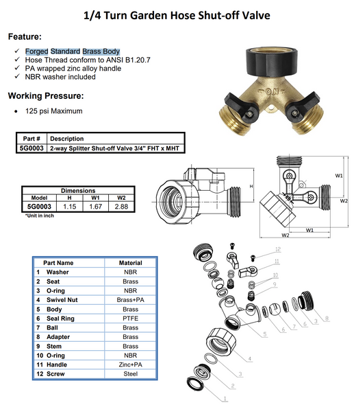 1/4 Turn Garden Hose Shut-off Valve 2-Way Splitter Data Sheet