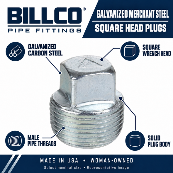 Billco Galvanized Merchant Steel Square Head Plugs feature image showing galvanized carbon steel, male pipe threads, square wrench head, solid plug body