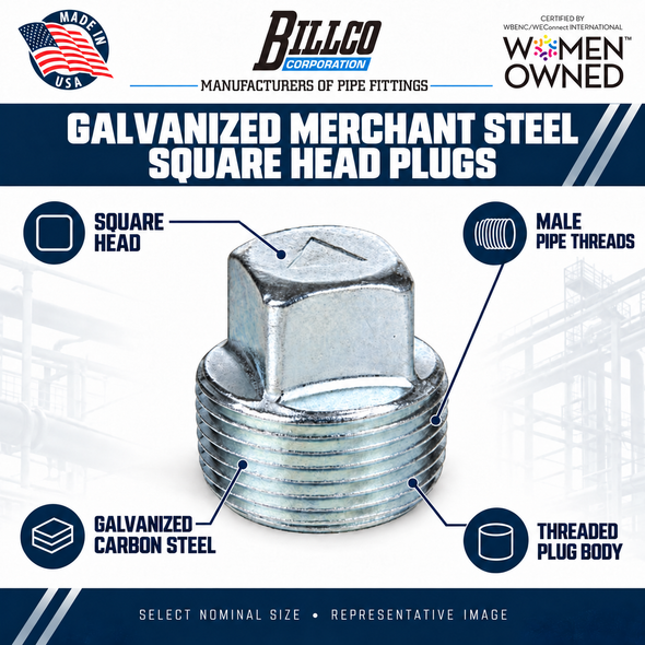 Billco Galvanized Merchant Steel Square Head Plugs feature graphic