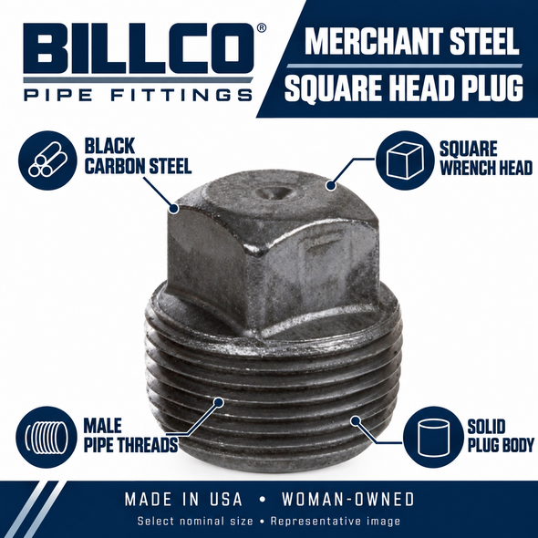 Billco Merchant Steel Square Head Plug feature image showing black carbon steel, male pipe threads, square wrench head, solid plug body