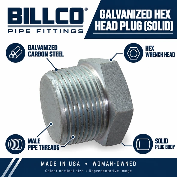 Billco Galvanized Hex Head Plug (Solid) feature image showing galvanized carbon steel, male pipe threads, hex wrench head, solid plug body