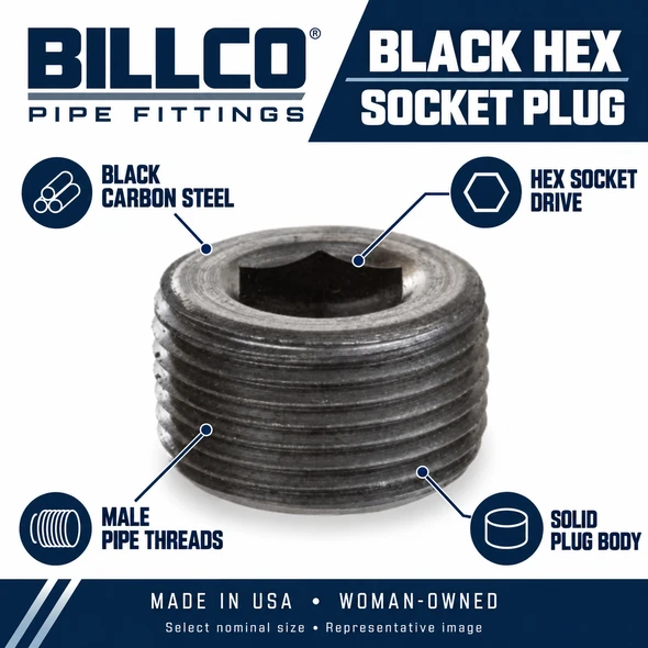 Billco Black Hex Socket Plug feature image showing black carbon steel, male pipe threads, hex socket drive, solid plug body