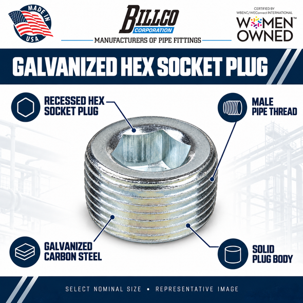 Billco Galvanized Hex Socket Plug feature graphic