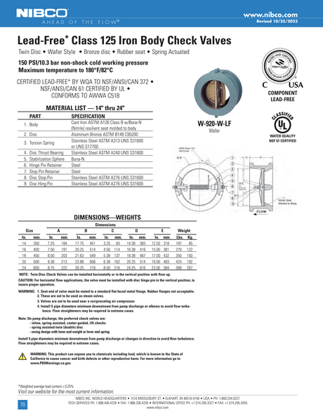 Lead-Free Class 125 Iron Body Twin Wafer Silent Check Valves 14-24 inch Spec Sheet Lead-Free Class 125 Iron Body Twin Wafer Silent Check Valves 14-24 inch Spec Sheet