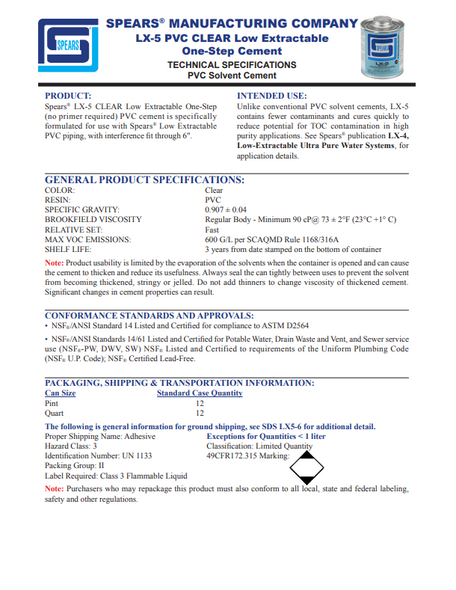 LX-5 PVC One-Step Low Extractable Cement Spec Sheet LX-5 PVC One-Step Low Extractable Cement Spec Sheet