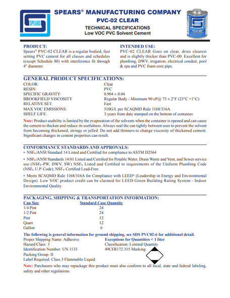 PVC-02 Clear Solvent Cement Spec Sheet PVC-02 Clear Solvent Cement Spec Sheet
