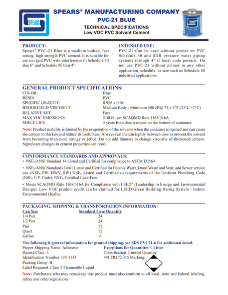 PVC-21 Blue Solvent Cement Spec Sheet PVC-21 Blue Solvent Cement Spec Sheet