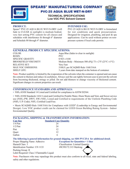 PVC-25 Aqua Blue Solvent Cement Spec Sheet PVC-25 Aqua Blue Solvent Cement Spec Sheet