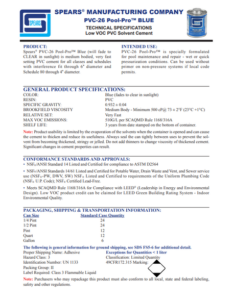 PVC-26 Pool-Pro Blue Solvent Cement Spec Sheet PVC-26 Pool-Pro Blue Solvent Cement Spec Sheet