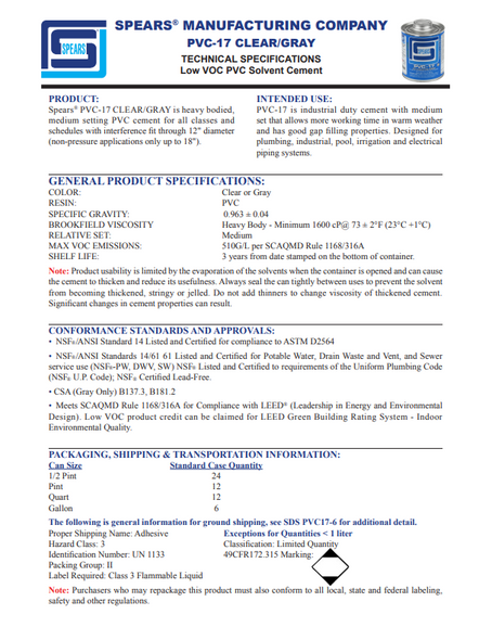 PVC-17 Solvent Cement Spec Sheet PVC-17 Solvent Cement Spec Sheet