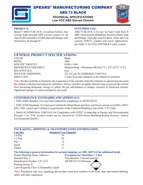 ABS-73 Black Solvent Cement Spec Sheet ABS-73 Black Solvent Cement Spec Sheet