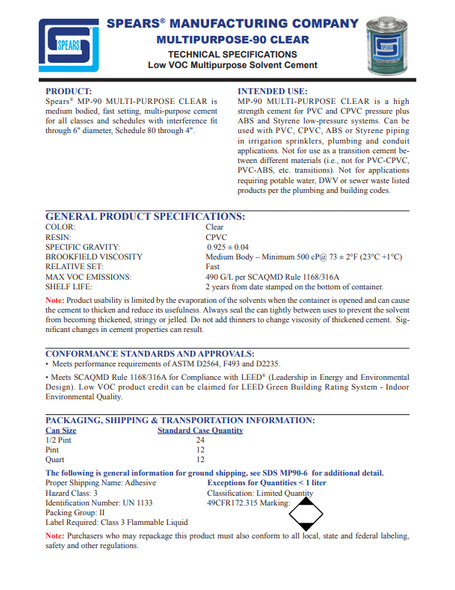 Multi-Purpose Clear Solvent Cement Spec Sheet Multi-Purpose Clear Solvent Cement Spec Sheet