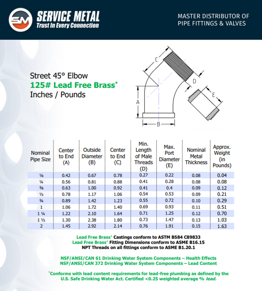 125# Lead Free Brass Street 45 Degree Elbow Spec SHeet