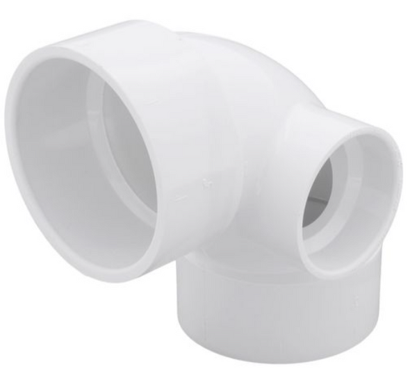 3" x 3" x 2" PVC DWV 90° Elbow w/ 2" Side Inlet (H x H x H x H)