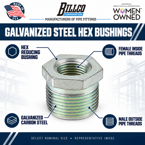 Billco Galvanized Steel Hex Bushings feature graphic
