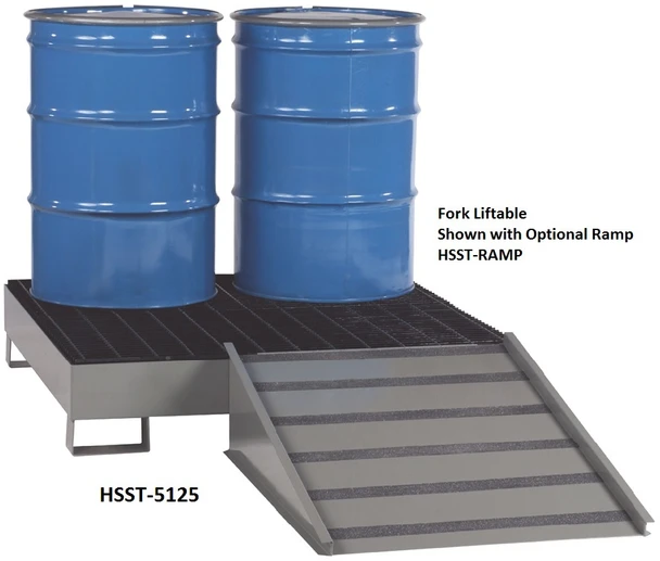 All-Steel Spill Control Platforms - Forklift Ramp, Shown Holding Two Drums
