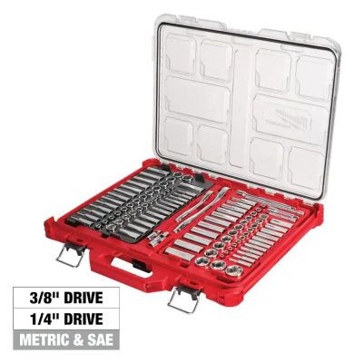 Milwaukee Tool 106pc 1/4" and 3/8" Metric & SAE Ratchet and Socket Set with PACKOUT Low-Profile Organizer
