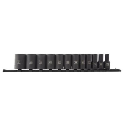 SUNEX 12 Piece 3/8 Inch Dive 12pt SAE Semi-Deep Impact Socket Set on Rail