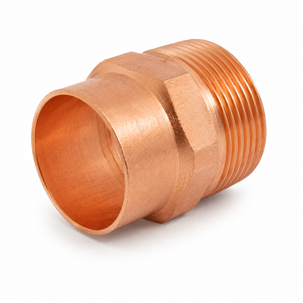 Domestic wrot copper x male NPT adapter with copper sweat connection and male NPT threaded end for transitioning copper tube to threaded pipe in plumbing, HVAC, refrigeration, and mechanical piping systems.