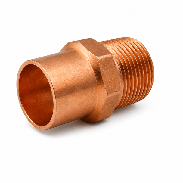 Domestic Wrot Copper x Male NPT Reducing Adapter with copper sweat socket and male NPT threaded connection for plumbing, HVAC, refrigeration, and industrial piping systems.