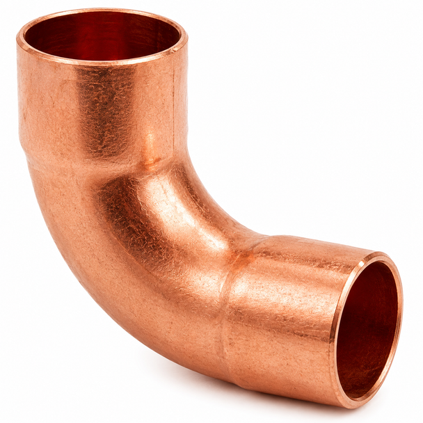 Domestic Wrot Copper Fitting x Fitting 90° Elbow with fitting x fitting (FTG x FTG) connections for compact 90-degree directional changes in plumbing, HVAC, refrigeration, and mechanical piping systems.