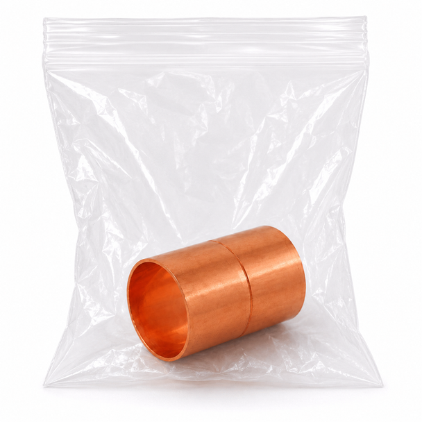 Domestic cleaned and bagged wrot copper coupling for joining same-size copper tube in clean and controlled piping systems.