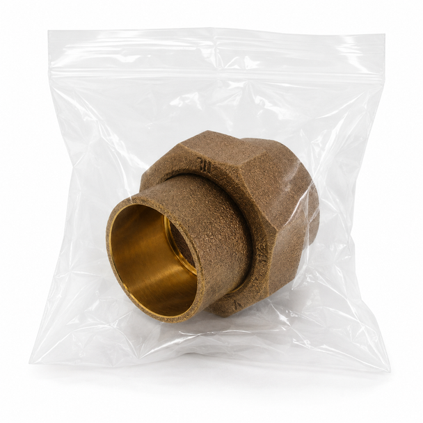 Domestic cleaned and bagged wrot copper union with copper sweat connections for plumbing, mechanical, medical gas, and industrial piping systems.