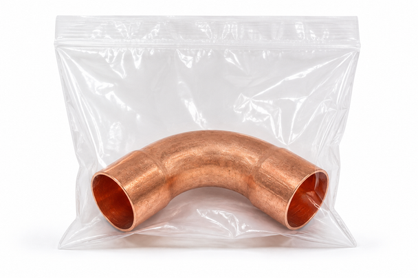 Domestic Cleaned & Bagged Wrot Copper 90° Long-Turn Elbow – C x C in sealed protective bag for medical gas, laboratory, mechanical, and industrial copper piping systems.