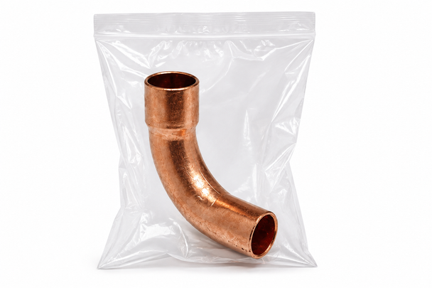 Domestic Cleaned & Bagged Wrot Copper 90° Long-Turn Street Elbow – FTG x C in sealed protective bag for medical gas, laboratory, mechanical, and industrial copper piping systems.