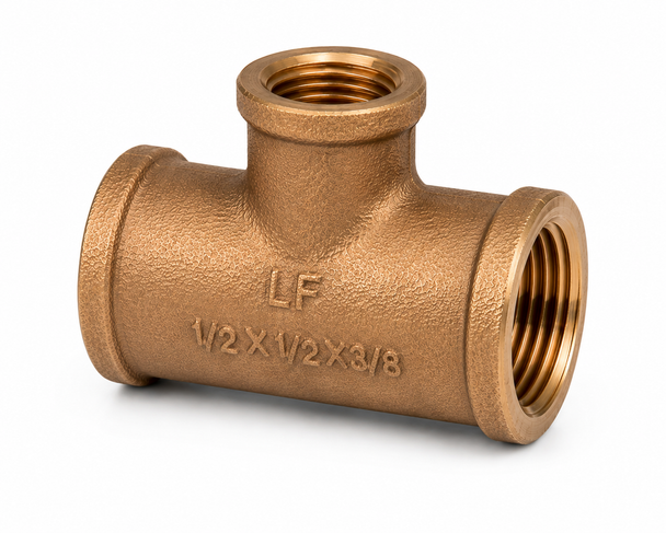 Lead-free bronze reducing tee with three female NPT threaded connections and reduced branch size