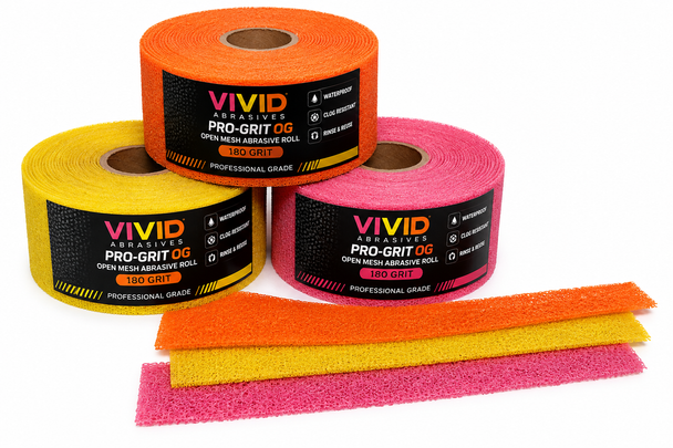 Vivid Abrasives Pro-Grit OG 180 grit open mesh abrasive rolls in Vivid Orange, Yellow and Pink