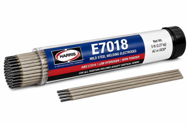 Harris E7018 low hydrogen stick welding electrodes in plastic tube with loose mild steel welding rods.
