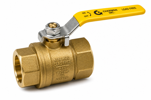 Charman lead-free brass full port C x C ball valve with yellow quarter-turn handle