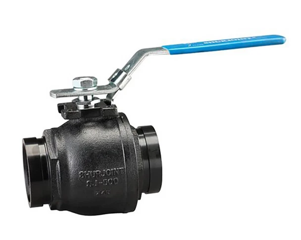 Shurjoint SJ-500L grooved ball valve with ductile iron body, stainless steel trim, and blue lever handle.