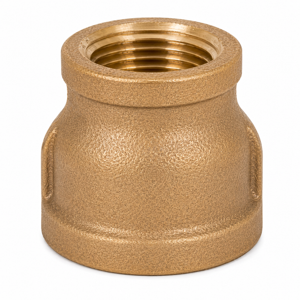 Lead-free bronze reducing coupling with female NPT threaded connections in two different nominal pipe sizes.