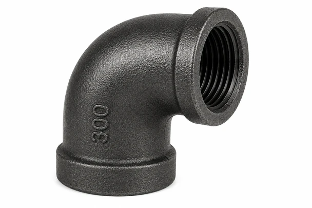 Charman 300# extra heavy black malleable iron 90 degree threaded elbow on white background